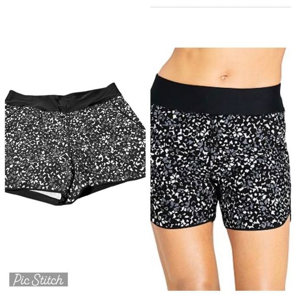Lands End Sz 12 Black White Prism Quick Dry Thigh Minimizer Swim Board Shorts - Picture 1 of 4